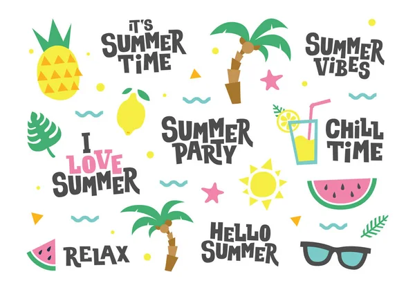 Ensemble d'éléments d'été. Texte et nourriture, fruits, boissons, feuilles de palmier. Modèle vectoriel . — Image vectorielle