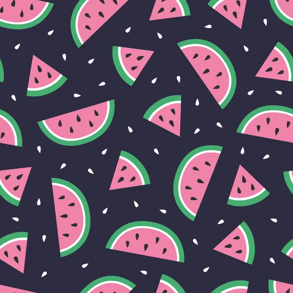 Nahtloses Muster von Wassermelonenscheiben vor dunklem Hintergrund. frisches Sommerobst Hintergrund. — Stockvektor