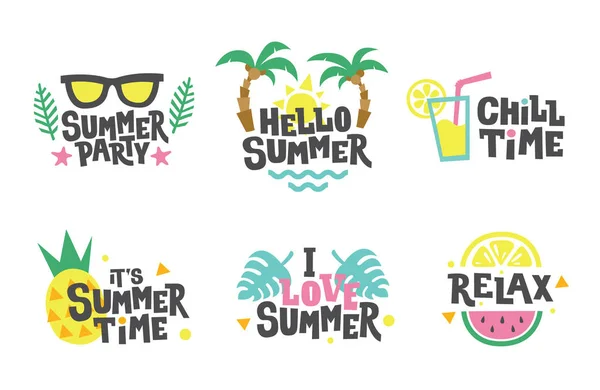 Sommer-Etiketten, Aufkleber, Symbole, Logo-Set. tropische Party-Elemente im flachen Stil. Chillen, entspannen, lieben. — Stockvektor