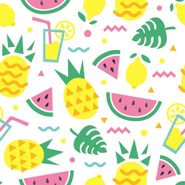 Sommer nahtloses Muster mit Ananas, Wassermelonenscheibe, Zitrone, Cocktail und Monstera-Blättern. — Stockvektor
