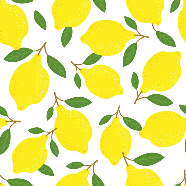 Zitronen und Blätter Hintergrund. Nahtloses tropisches Vektormuster. — Stockvektor