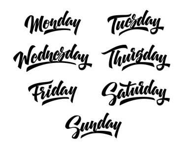 Haftanın 7 günü. El yazısıyla yazılmış harfler.