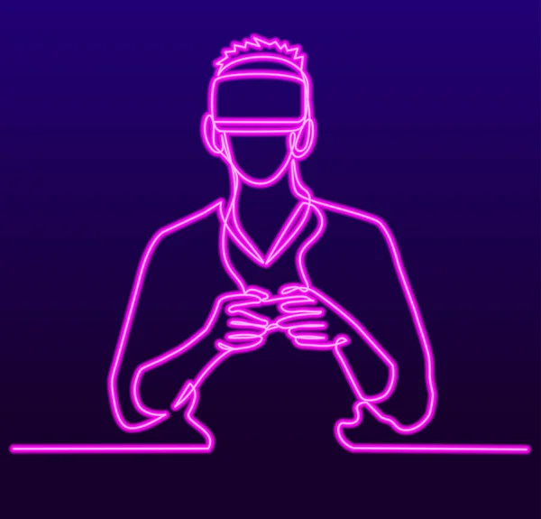 Desenho de Linha Contínua do Homem-Vetor usando fone de ouvido de realidade virtual. Mundo vr abstrato com linhas de néon. Ilustração do vetor Estilo de uma linha fluorescente —  Vetores de Stock