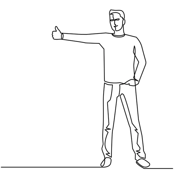 Linha Contínua Desenho de Vector Hitchhiking na estrada. O homem com uma mochila parou um passeio de polegar. Isolado ilustração de carona . —  Vetores de Stock