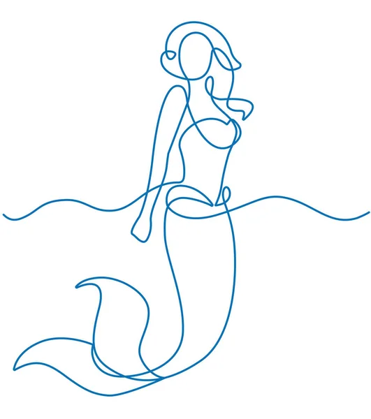 Mermaid swim in the sea. Continuous line drawing. Vector illustration — Stock Vector