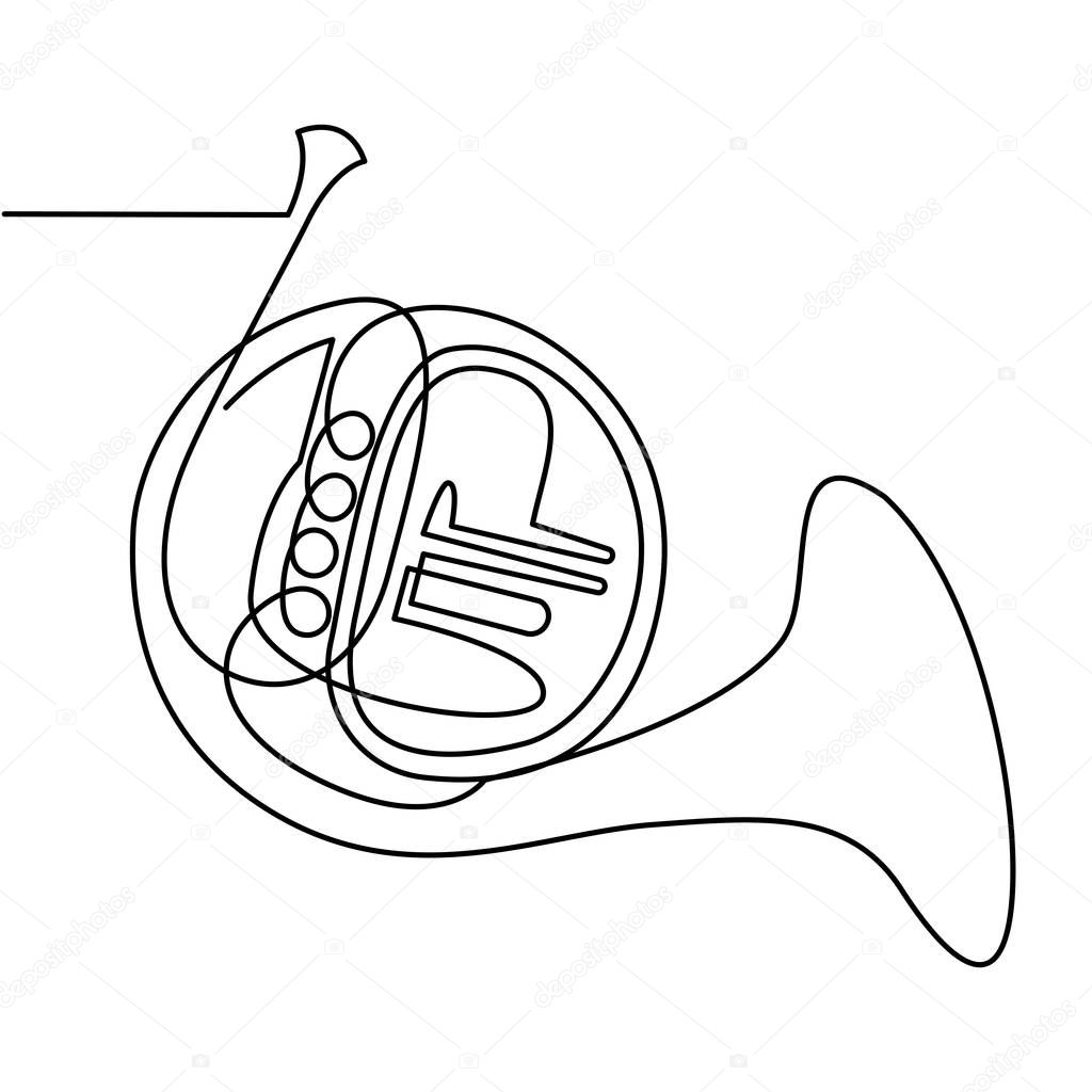 Continuous Line Drawing of Vector Brass wind musical instrument. French horn. Single line icon