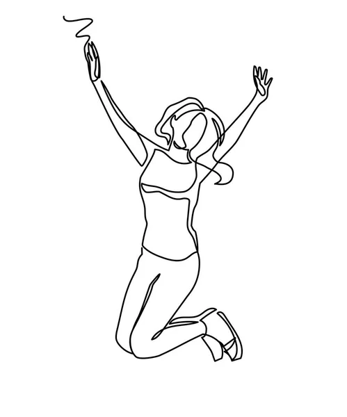 Kontinuerlig linje ritning av glad hoppande kvinna idrottsman — Stock vektor