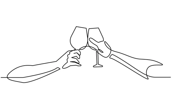 Línea continua dibujando dos copas de vino en manos tostadas creando salpicadura sobre fondo blanco. Ilustración vectorial — Archivo Imágenes Vectoriales