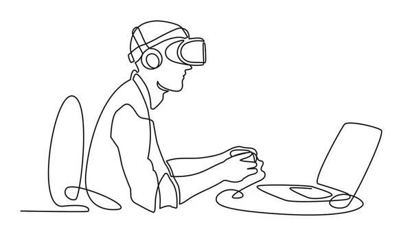 Desenho contínuo de uma linha Man in glasses dispositivo realidade virtual trabalhando no computador, VR Headset Icon vetor ilustração esboço simples — Vetor de Stock