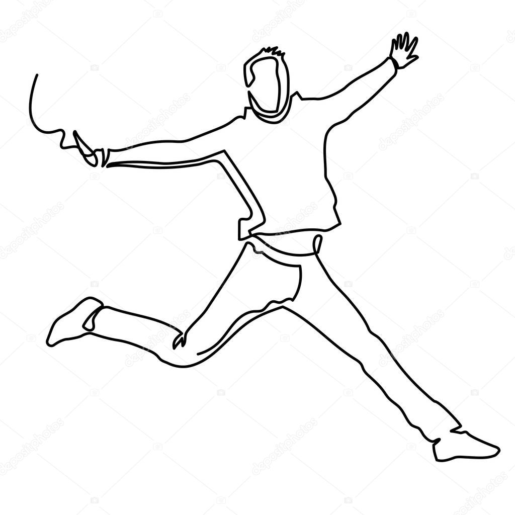 continuous line drawing of happy jumping man.