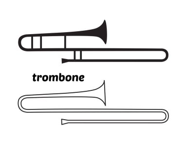 Sürekli trombon çizim için doğrusal simgesi. İnce çizgi vektör çizim. Trompet siluet şekli. Kontur sembolü beyaz arka plan üzerinde izole.