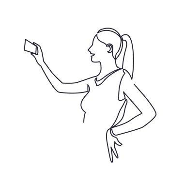 Sürekli bir çizim için Selfie güzel kadın blogger. Smartphone holding, online hikaye ya da sosyal ağlarda akarsu genç kız, vektör çizim.