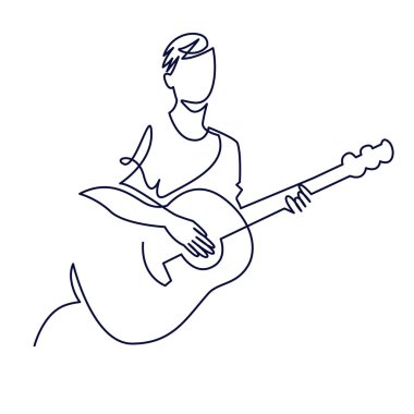 continuous line drawing of musician plays acoustic guitar vector illustration isolated on white. Musical concept for decoration, design, invitation jazz festival, music shop clipart