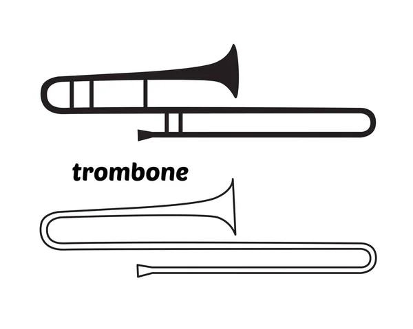 Dibujo continuo de la línea del icono lineal Trombone. Ilustración vectorial de línea delgada. Forma de silueta de trompeta. Símbolo de contorno aislado sobre fondo blanco . — Vector de stock