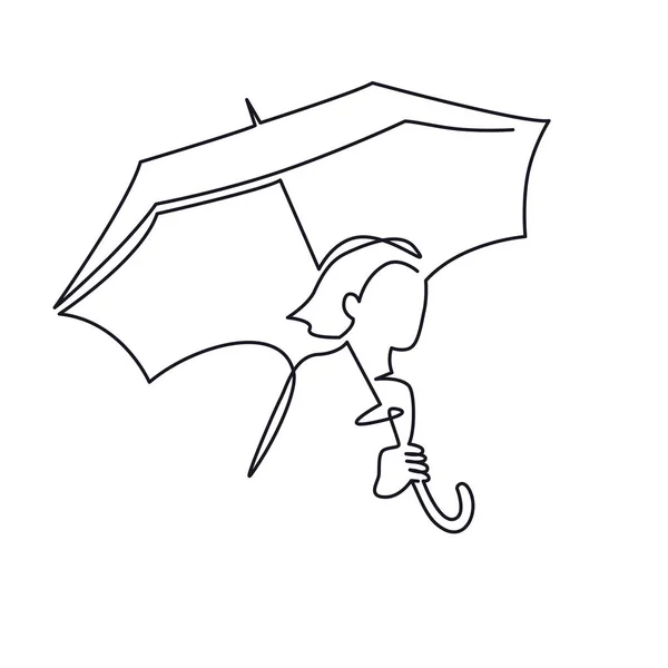 Línea continua El dibujo de una mujer joven con un paraguas en la mano va a alguna parte. Icono de Vector One Line Boceto Ilustración de moda — Vector de stock