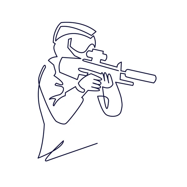 Dibujo continuo de una línea del jugador de Paintball o vector Sketch ilustración de la silueta de un soldado de perfil con casco y pistola listo para la batalla . — Archivo Imágenes Vectoriales