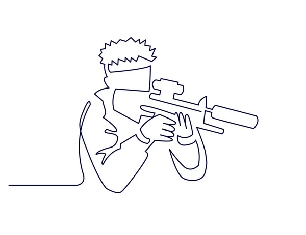 Непрерывное рисование одной линии пейнтбольного игрока или векторной иллюстрации рисунка силуэта солдата в профиль с оружием, готовым к бою . — стоковый вектор