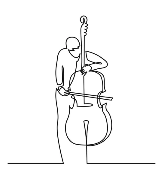 Sürekli çizgi çizme müzisyen vektör çizim üzerinde beyaz izole kontrbas çalar. Müzik konsepti Kontrbas