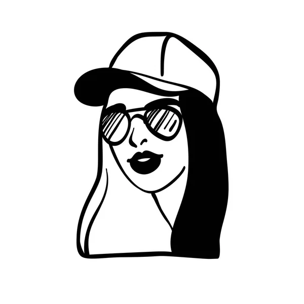 Vetor imagem em preto e branco de uma jovem com tatuagens. Vector logotipo hipster menina . —  Vetores de Stock