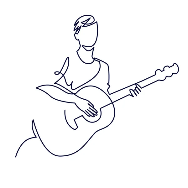 Línea continua dibujo de músico toca guitarra acústica vector ilustración aislada en blanco. Concepto musical para decoración, diseño, festival de jazz de invitación, tienda de música — Vector de stock