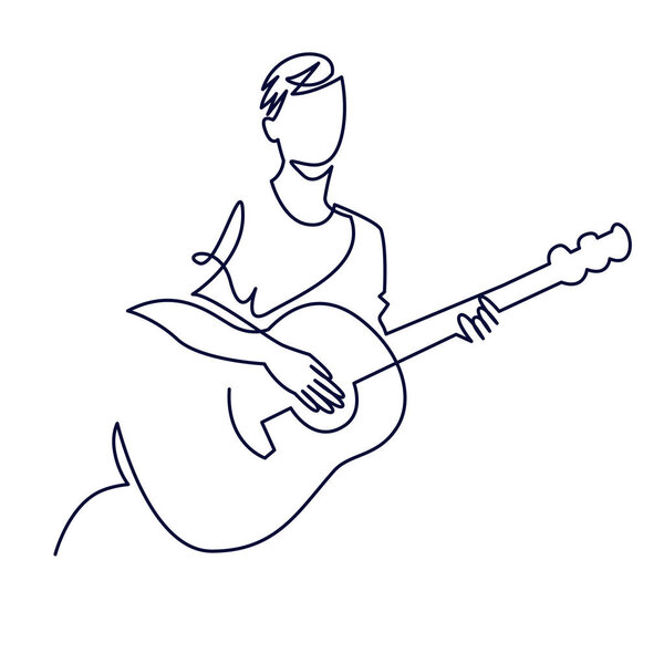 continuous line drawing of musician plays acoustic guitar vector illustration isolated on white. Musical concept for decoration, design, invitation jazz festival, music shop