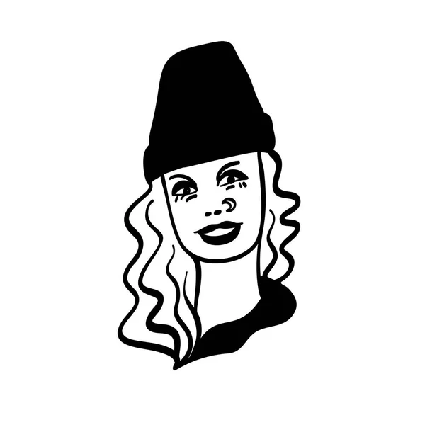 Belle jeune femme en bonnet tricoté avec fourrure Pom-Pom. portrait de femme élégant dessiné à la main. Femme de mode. Tenue d'hiver. Croquis . — Image vectorielle