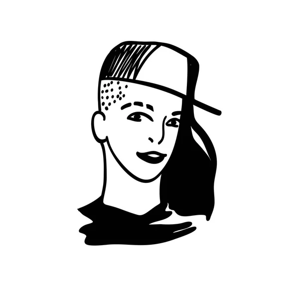 Černé a bílé vektorový obrázek mladé ženy v hip hopu čepici a vyholenou chrám. Vektorový obrázek skici dívka portrét. — Stockový vektor