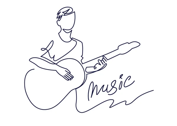 Línea continua dibujo de músico toca guitarra acústica vector ilustración aislada en blanco. Concepto musical para decoración, diseño, festival de jazz de invitación, tienda de música — Vector de stock