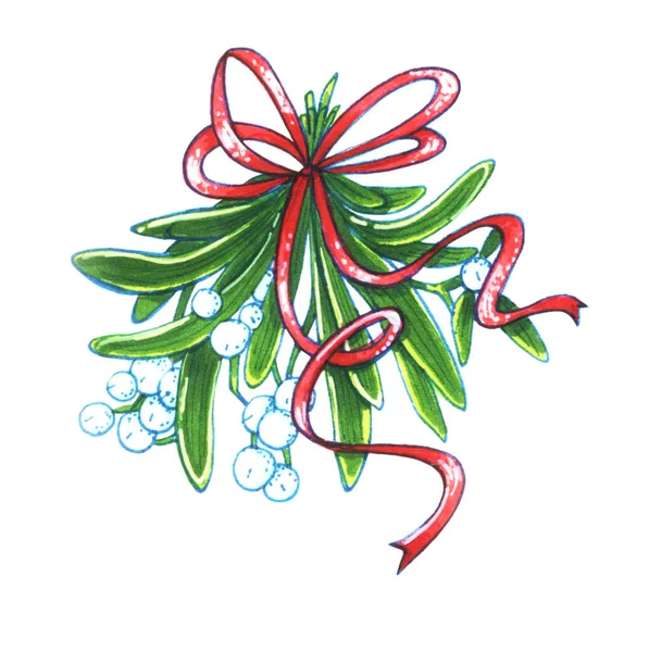 Mistletoe. Hand drawn illustration of mistletoe sprigs with red bow isolated on white background for Christmas cards and decorative design.