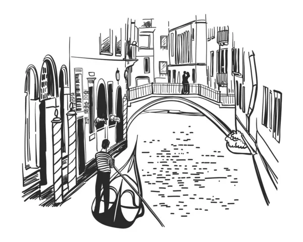 Venecia Ilustración Dibujada Mano Góndola Flotante Con Gondolero Canal Dibujo — Foto de Stock