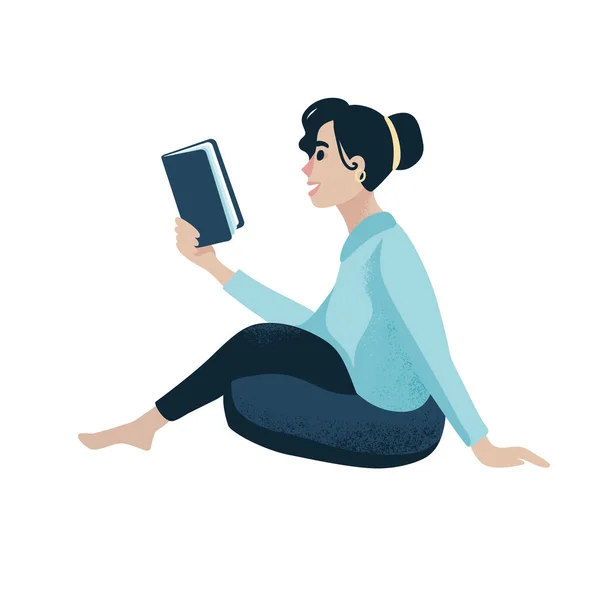 那位年轻女子正在看书 手绘了一个平面插图 女孩坐在地板上的形象女性卡通人物 自由职业者 在家里工作 孤立的色彩设计元素 — 图库照片