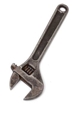 İsveççe ayarlanabilir anahtar. Açık durumda. İzole edilmiş beyaz arka planda eski İngiliz anahtarı. onarım işi, konsept.