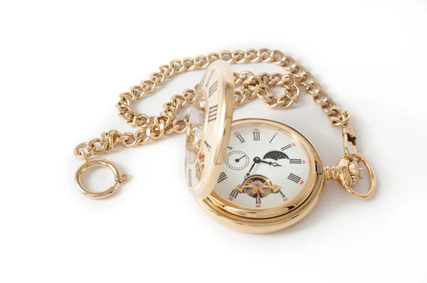 Złoty Zegarek Kieszonkowy Łańcuchem Izolowany Białym Tle — Zdjęcie stockowe