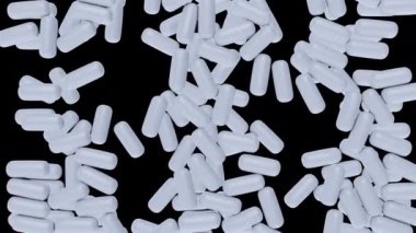 Beyaz haplardan ya da kapsüllerden düşmek uzayı doldurdu. Soyut, asgari moda geçmişi. Alfa mat kanalı ile modern 3D animasyon.