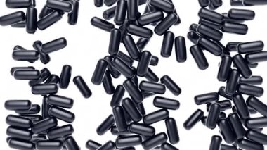 Üst düzey siyah haplardan ya da kapsüllerden düşmek uzayı doldurdu. Soyut, asgari moda geçmişi. Alfa mat kanalı ile modern 3D animasyon.