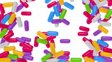 Etraftaki en renkli haplardan ya da kapsüllerden düşmek. Soyut, asgari moda geçmişi. Alfa mat kanalı ile modern 3D animasyon.