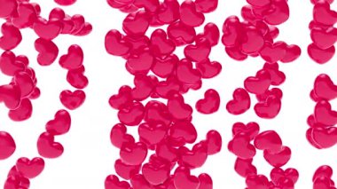 Kırmızı kalplerden düşmek uzayı doldurur. Soyut, asgari moda geçmişi. Alfa mat kanalı ile modern 3D animasyon.