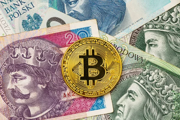 Bitcoin and Polish paper money — Stock Photo, Image