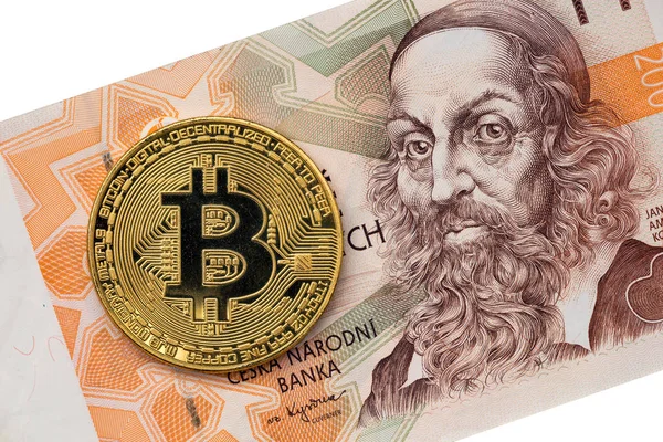 Golden bitcoin and Czech cash money — Stock Photo, Image