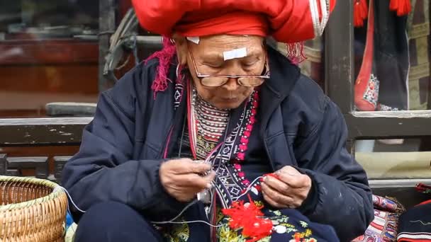 Sapa, Vietnam - November 30, 2016 : A woman from the ethnic group of red Dao in a national costume . Posing in front of tourists and selling souvenirs is one of the main sources of income for Hmong — Stock Video