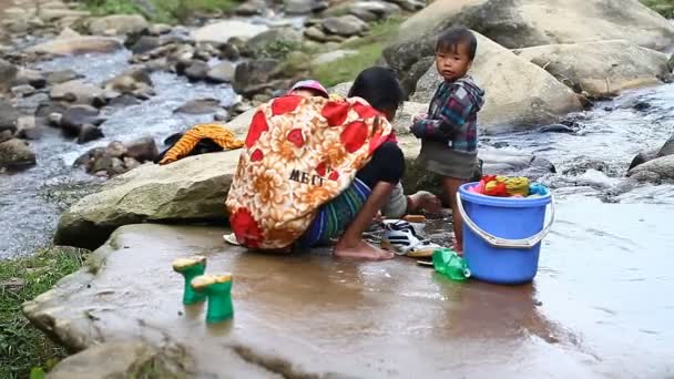 Sapa, Vietnam - 30 Kasım 2016: Siyah Hmong etnik gruptan bir kadın giyim dağ nehir köy mahalle yıkar — Stok video