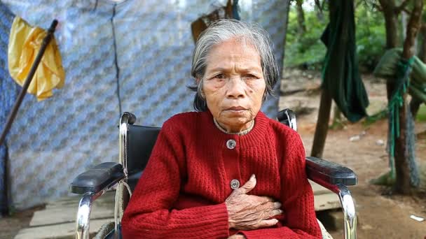 Хюэ, Вьетнам-25 декабря 2016 года: взрослая вьетнамская женщина, сидящая в инвалидном кресле, просит подаяние у туристов, переходящих на местный ландшафт. — стоковое видео