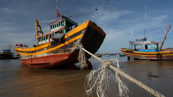 Touristen Vietnam. Traditionelle Fischerboote — Stockvideo