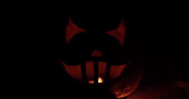 Scary halloween pumpkin burning in fire — Stock Video