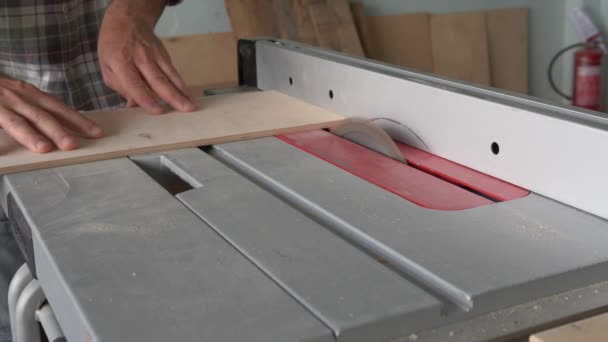 Un carpintero procesa un blanco de madera en una sierra circular en un taller de carpintería. — Vídeo de stock
