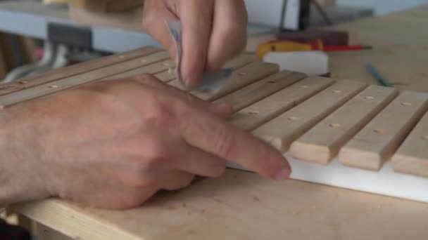 Eco speelgoed en muziekinstrumenten gemaakt van hout. Een meester timmerman maakt een handgemaakte xylofoon voor kinderen. — Stockvideo