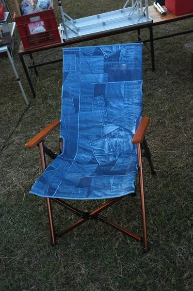 Chaise Pliante Pour Pêche Pour Pique Nique Tissu Bleu Sur — Photo