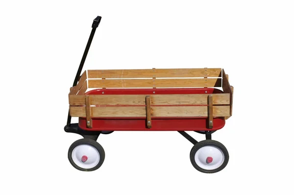 Kleine Rode Houten Wagon Witte Achtergrond — Stockfoto