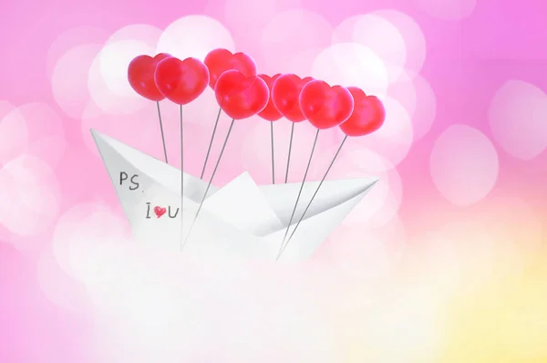 Paper Boat Red Heart Shape Balloon Flying Blue Sky Clouds — Stock Photo, Image