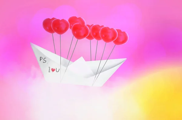 Paper Boat Red Heart Shape Balloon Flying Blue Sky Clouds — Stock Photo, Image